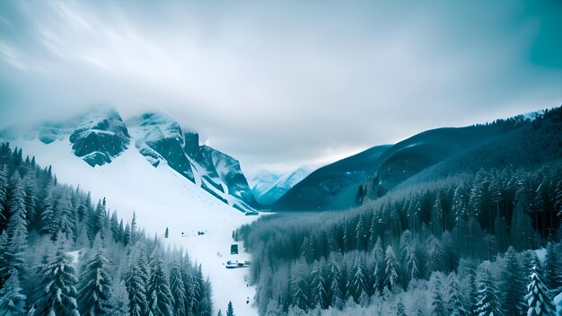 A snowy mountain landscape with trees and mountains in the background