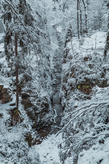 岩の間に小川のある雪山公園