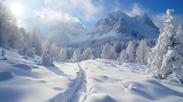 写真 冬の森の雪の山道 雪に覆われた冬の山の風景 パノラマ画像1