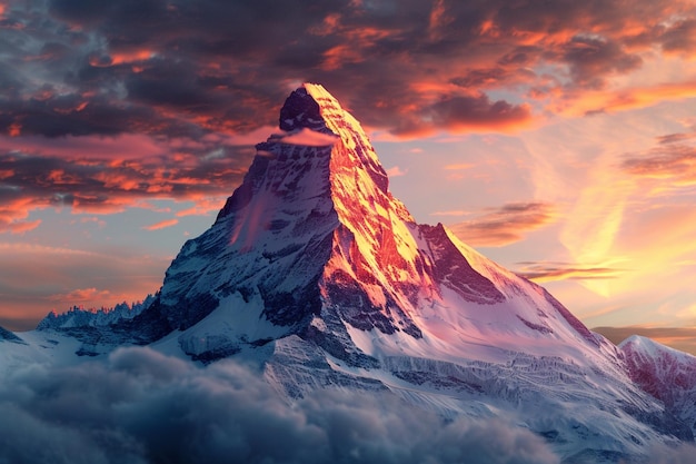 A snowy mountain peak glowing in the sunset