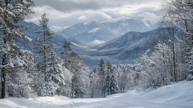 a snowy mountain range is in the background and the snow is in the background