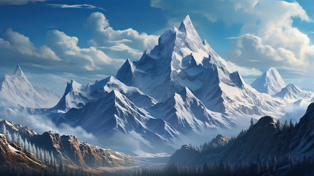 雪に覆われた山脈がきれいな青い冬の空の下に高く立っています 壮大な雪で覆われた山頂 冬の風景静かな景色 凍った風景 やかな美しさ 人工知能によって生成されています