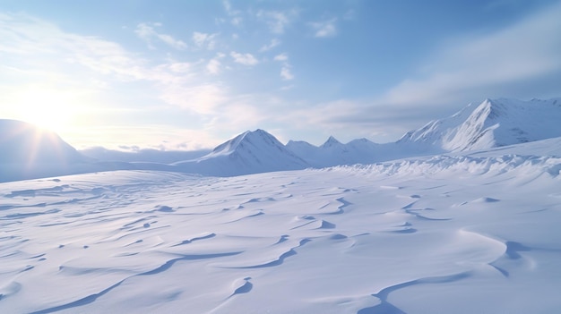 A snowy mountain range with a blue sky and clouds