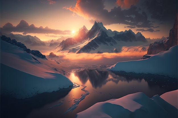 日没時の氷河のある雪に覆われた山脈 ジェネレーティブ AI で作成された大気の風景