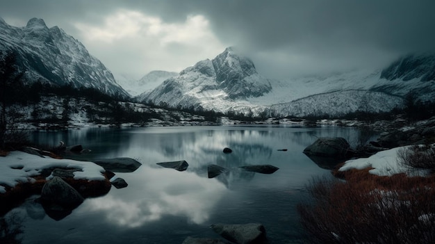 A snowy mountain range with a lake surrounded by snow covered mountains in the foreground and a cloudy sky in the background with a few clouds in the foreground Generative AI