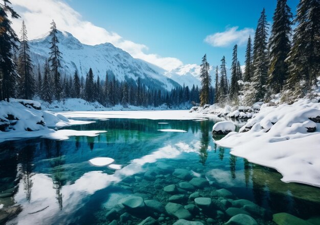 Snowy mountain range with a lake and trees in the foreground generative ai