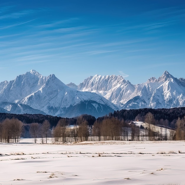 A snowy mountain range with the mountains in the background