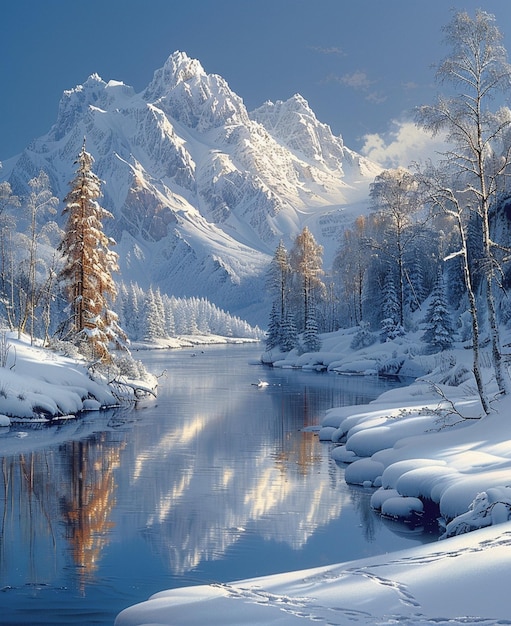 Foto catena montuosa innevata con un fiume e alberi in primo piano