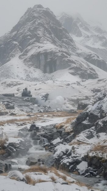 Photo a snowy mountain range with a small stream of water running through it