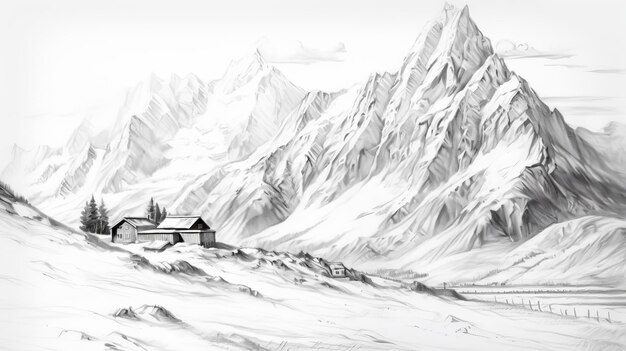 Photo snowy mountain scene sketch with folkloric realism