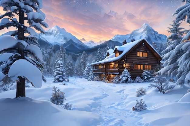 A snowy mountain scene with a cabin in the background