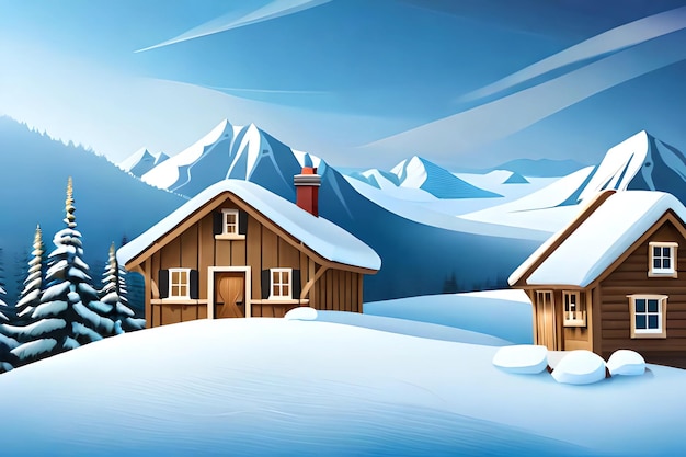 Сцена заснеженной горы с домом на переднем плане и заснеженной горой на заднем плане.
