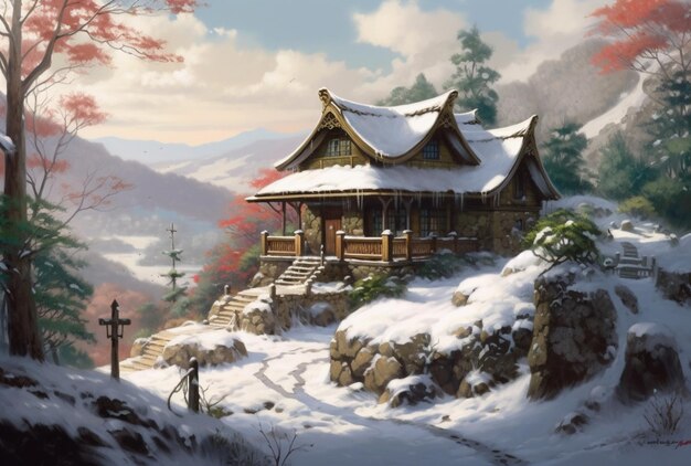 A snowy mountain scene with a house in the snow.