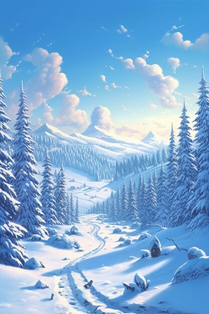 snowy mountain scene with a path through the snow covered trees generative ai