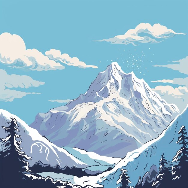 snowy mountain scene with a snow covered peak and pine trees generative ai