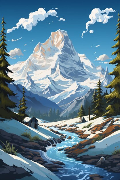 snowy mountain scene with a stream and a mountain in the distance generativ ai