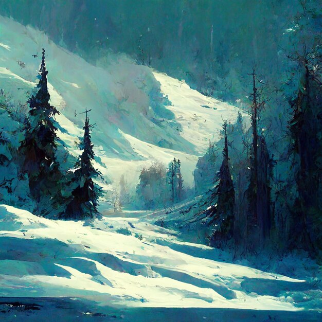 snowy mountain scene with trees and snow covered ground generative ai