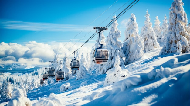 A snowy mountain side ski lifts in the middle ground and fur trees