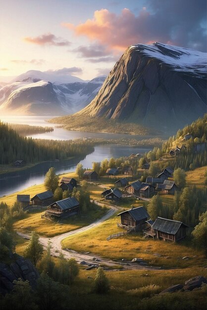 Photo snowy mountain sunrise over a wood village in the forest of norway