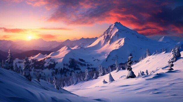 Snowy Mountain Sunset Background