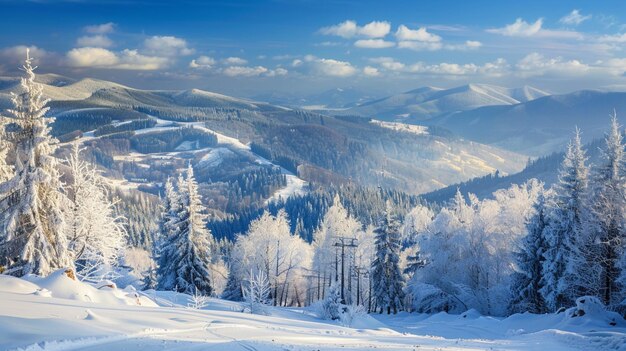 Photo a snowy mountain top with a ski lift in the background