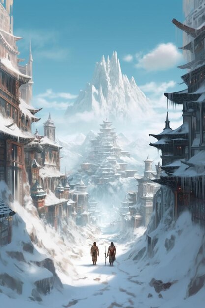 Snowy mountain village with two people walking down a narrow street generative ai