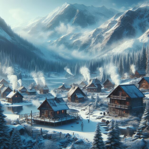 Photo a snowy mountain village with wooden cabins