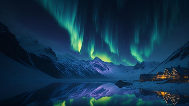 A snowy mountain with the aurora borealis above it