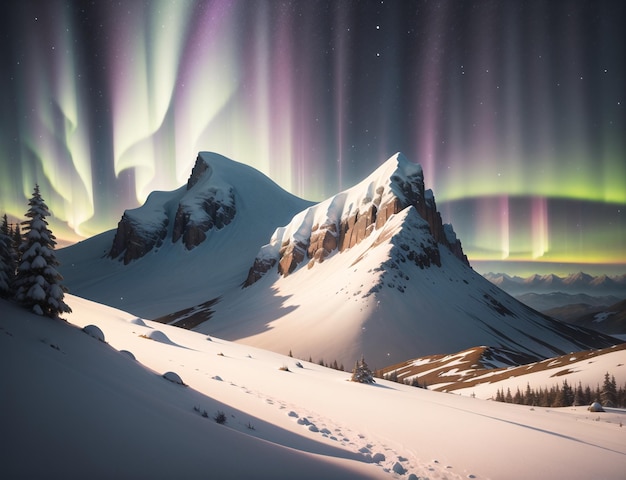 A snowy mountain with the aurora borealis above it