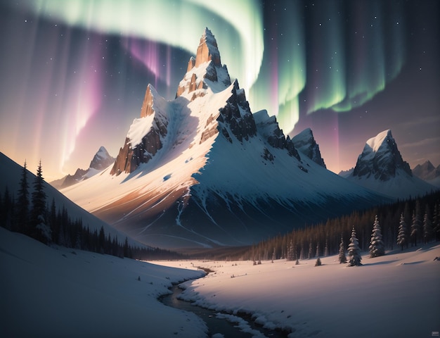 A snowy mountain with the aurora borealis above it