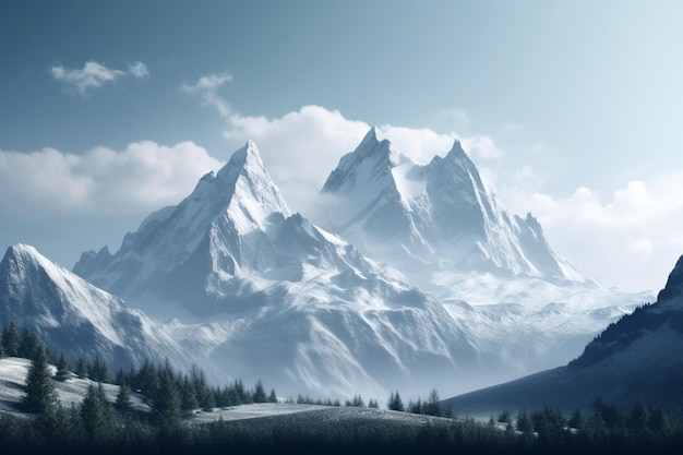 A snowy mountain with a blue sky and clouds