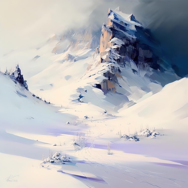 A snowy mountain with a cloudy sky