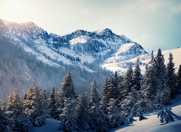 snowy mountain with frozen pine forest