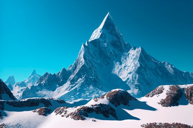 A snowy mountain with a mountain in the background