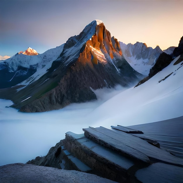 A snowy mountain with a mountain in the background