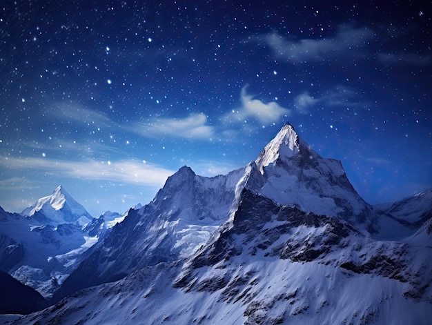 A snowy mountain with a starry sky above