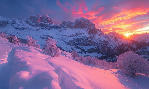 a snowy mountain with a sunset in the background