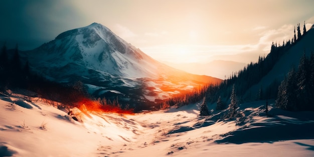 A snowy mountain with a sunset in the background