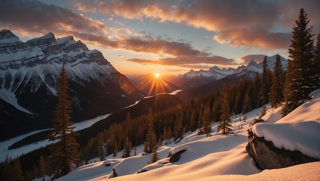 a snowy mountain with a sunset in the background