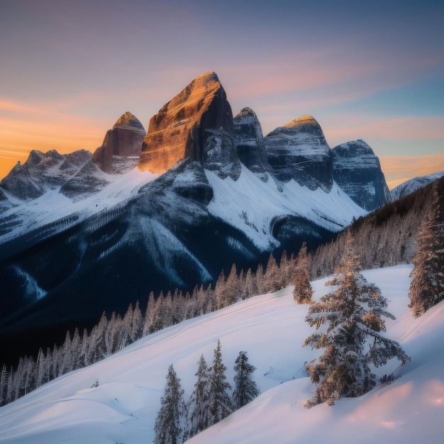 A snowy mountain with a sunset in the background