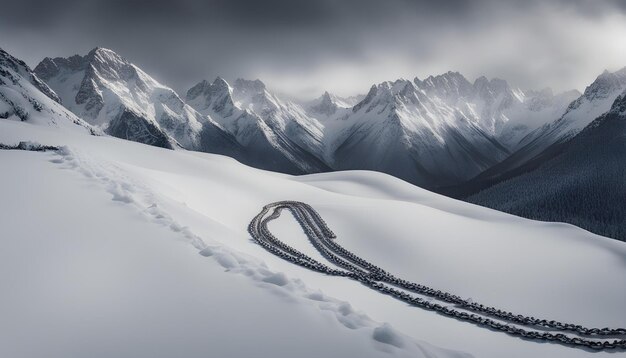 Photo a snowy mountain with a trail of snow and a trail of tracks