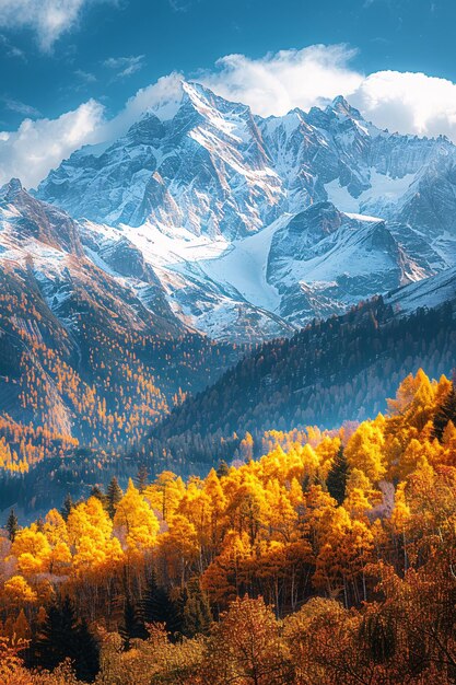 a snowy mountain with trees and yellow leaves