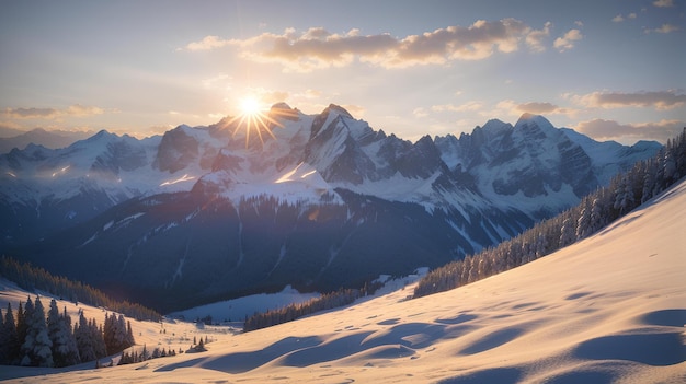 Snowy mountains at the dawn