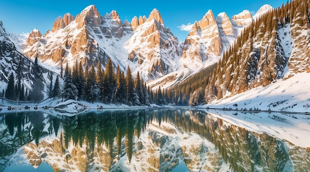 Snowy mountains at dolomiten reflected in the lake below