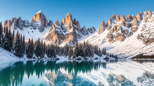 Snowy mountains at dolomiten reflected in the lake below