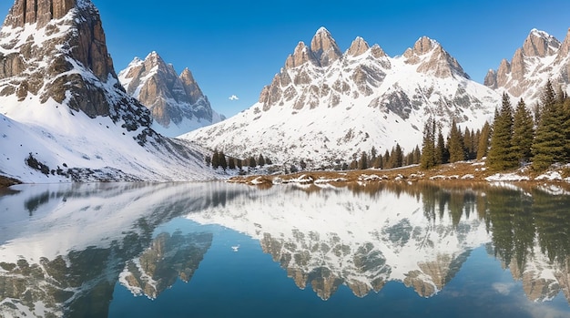 Snowy mountains at dolomiten reflected in the lake below