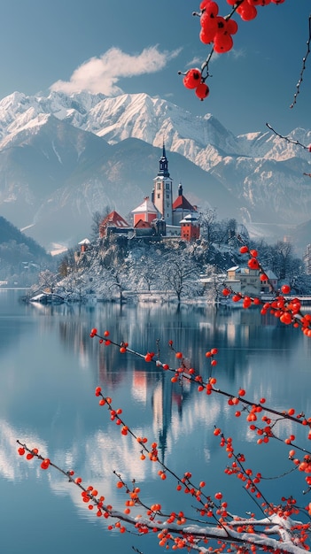 Snowy mountains lakes castles and flowers