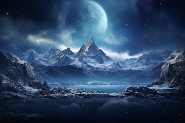 Snowy mountains at night