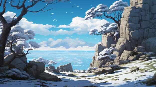 Photo snowy mountains and ocean a romanticized adventure in anime art