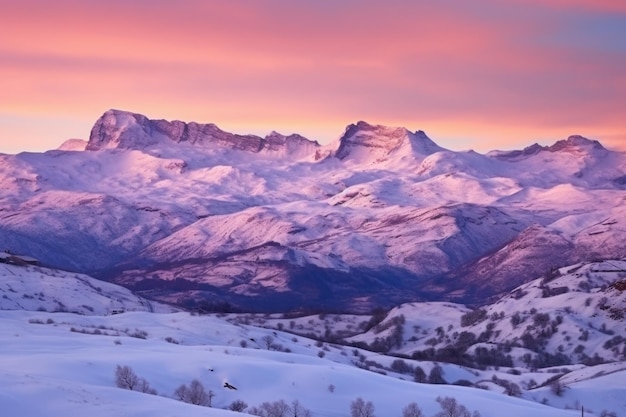 Snowy mountains under pastel sunrise glow created with generative ai